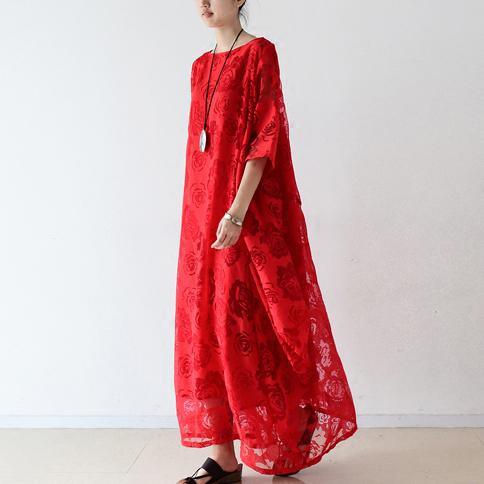 2021 Spring Red Dresses Maxi Blossing Roses Chiffon Caftans Cotton Inside Layer - Omychic