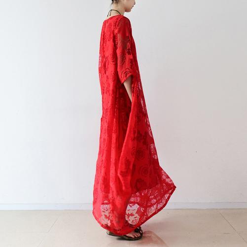 2021 Spring Red Dresses Maxi Blossing Roses Chiffon Caftans Cotton Inside Layer - Omychic