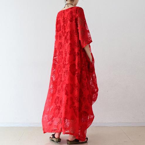 2021 Spring Red Dresses Maxi Blossing Roses Chiffon Caftans Cotton Inside Layer - Omychic