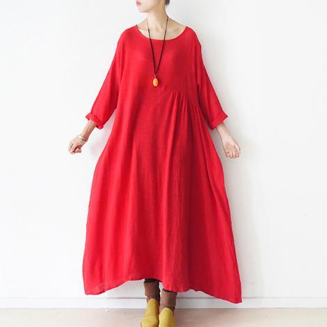 2017 spring red linen dresses long cotton caftans asymmetrical wrinkle design - Omychic