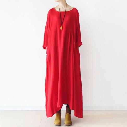 2017 spring red linen dresses long cotton caftans asymmetrical wrinkle design - Omychic