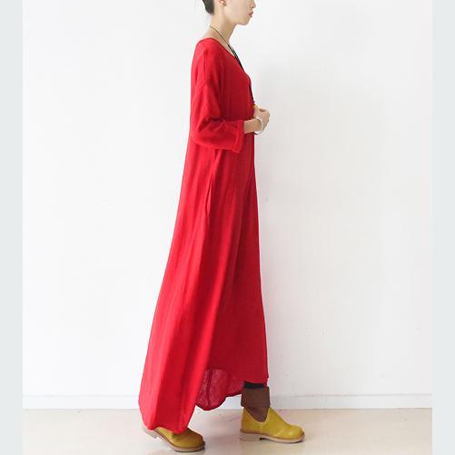 2017 spring red linen dresses long cotton caftans asymmetrical wrinkle design - Omychic