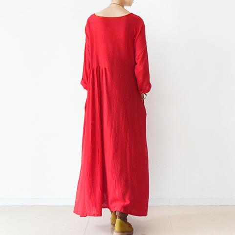 2017 spring red linen dresses long cotton caftans asymmetrical wrinkle design - Omychic