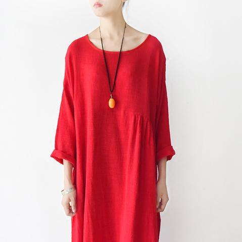 2017 spring red linen dresses long cotton caftans asymmetrical wrinkle design - Omychic