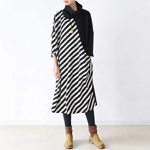 2017 spring side striped cotton dresses plus size long maxi dress caftans - Omychic