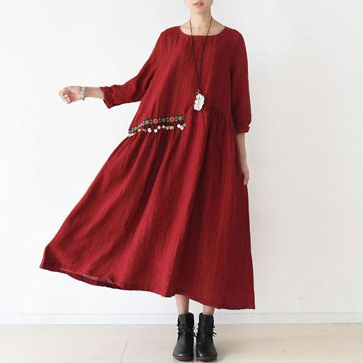 2017 spring sweet red linen dresses bells and flowers waist Asymmetrical design - Omychic