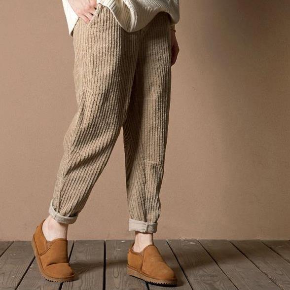 2017 spring tan corduroy crop pants vintage casual style - Omychic