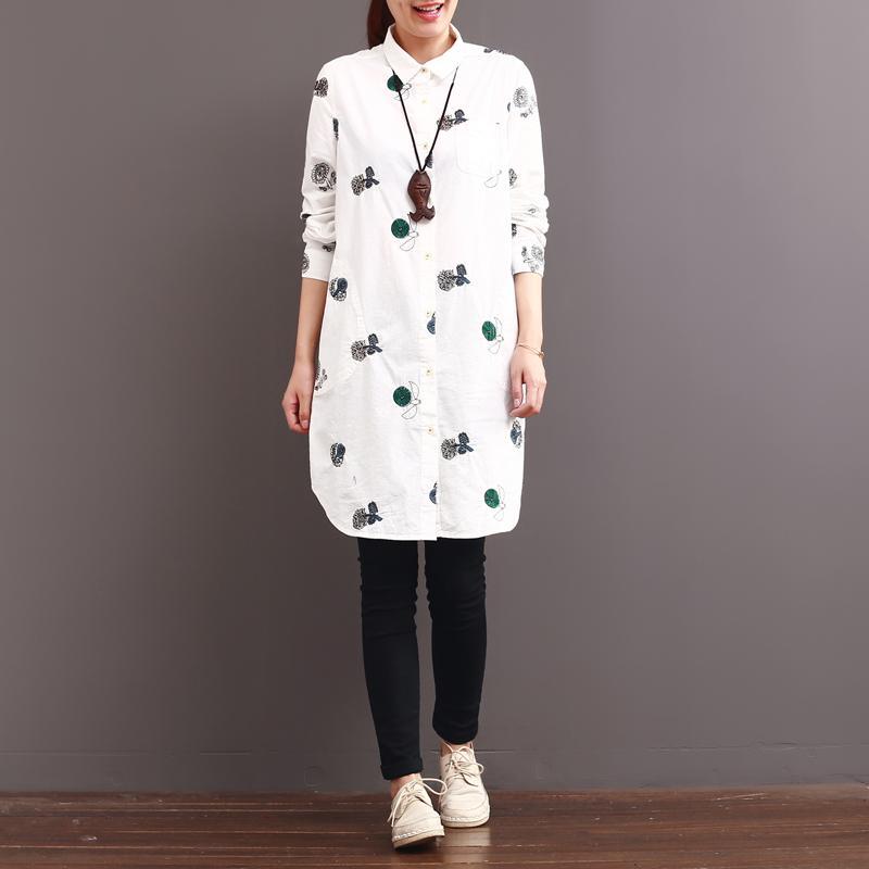 2017 spring white dotted cherry embroideried shirt dress - Omychic