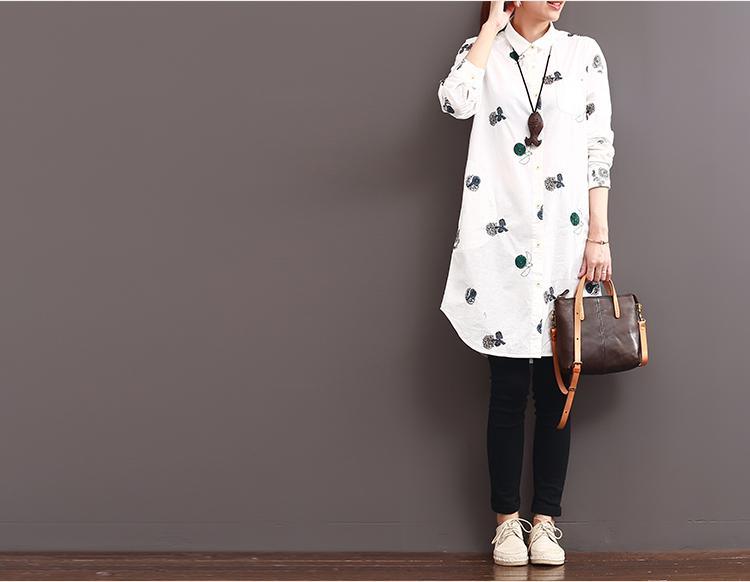 2017 spring white dotted cherry embroideried shirt dress - Omychic