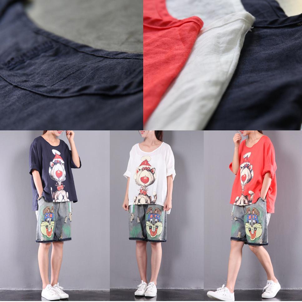 2017 stylish navy casual cotton tops plus size t shirt cartoon print - Omychic
