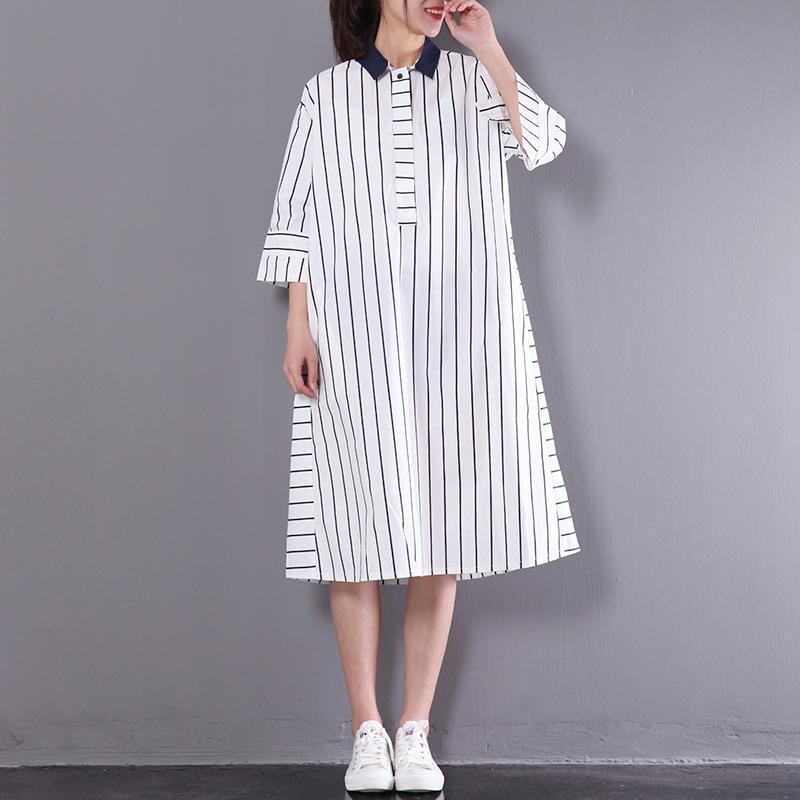 2017 stylish sundress vertical strips plus size shift dress white half sleeve cotton shirt dresses - Omychic
