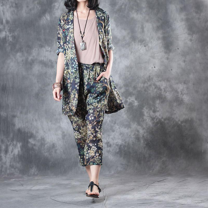 2017 stylish tops and pants peace tree linen cardigans casual crop pants two pieces - Omychic