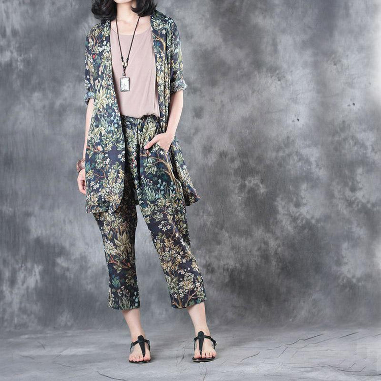 2017 stylish tops and pants peace tree linen cardigans casual crop pants two pieces - Omychic
