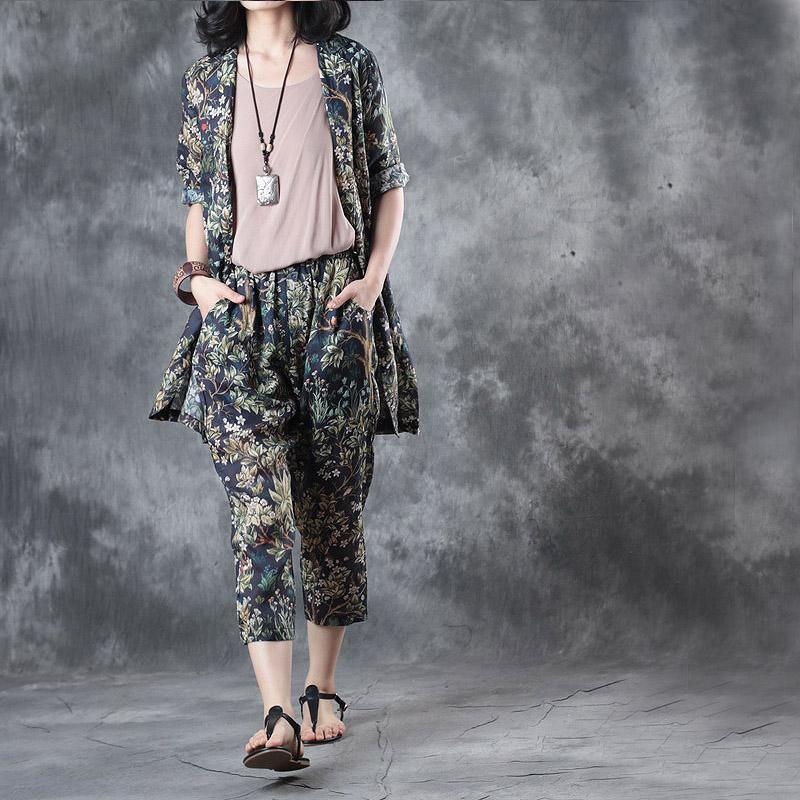 2017 stylish tops and pants peace tree linen cardigans casual crop pants two pieces - Omychic
