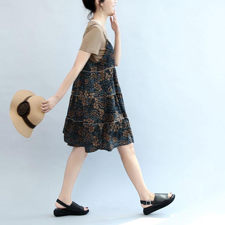 2017 summer brown casual t shirt and floral stylish sleeveless linen dresses two pieces - Omychic