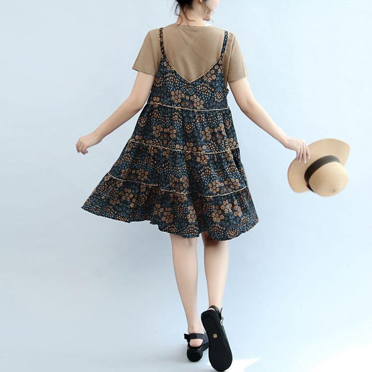 2017 summer brown casual t shirt and floral stylish sleeveless linen dresses two pieces - Omychic