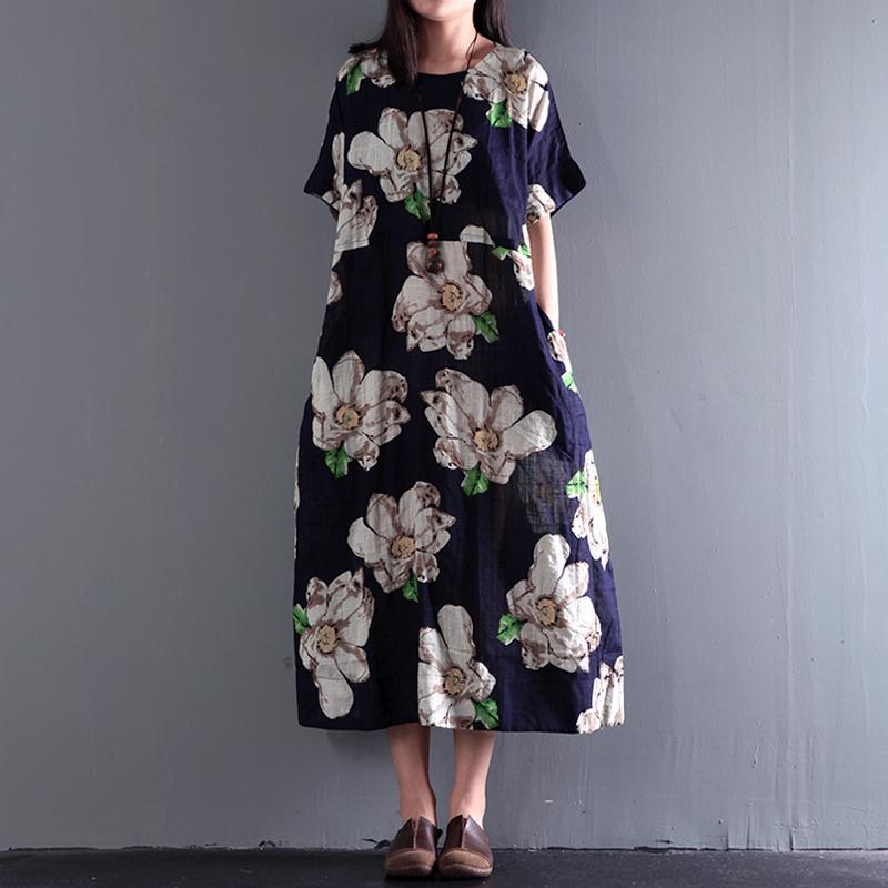 2017 summer floral dresses vintage fine linen maxi dress plus size sundress - Omychic