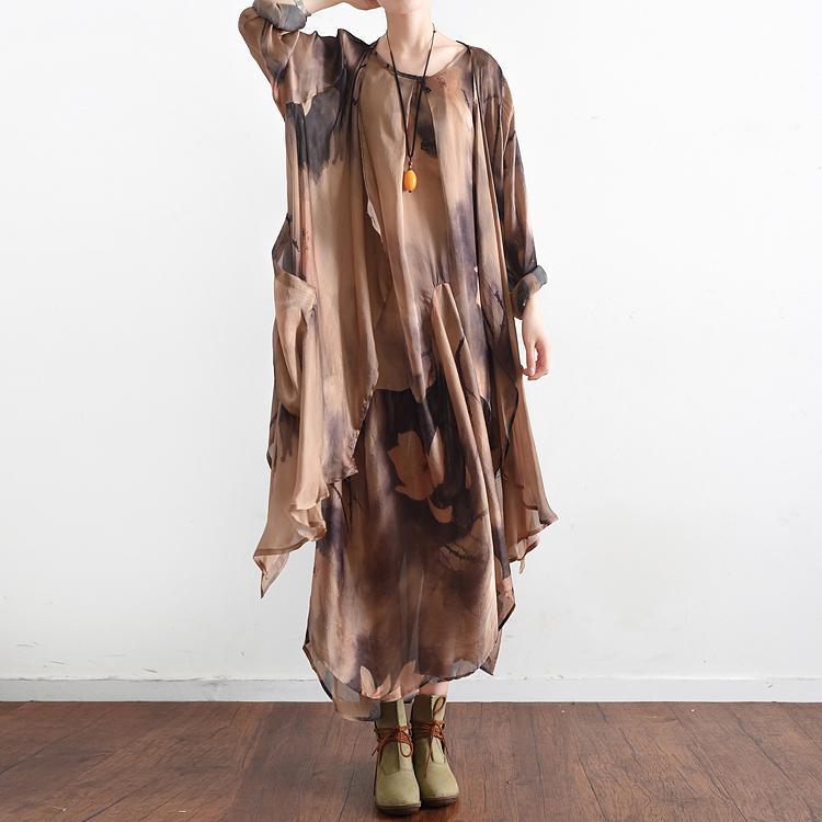 2017 summer khaki cotton dresses chiffon print maxi dress plus size asymmetric long sleeve two pieces - Omychic