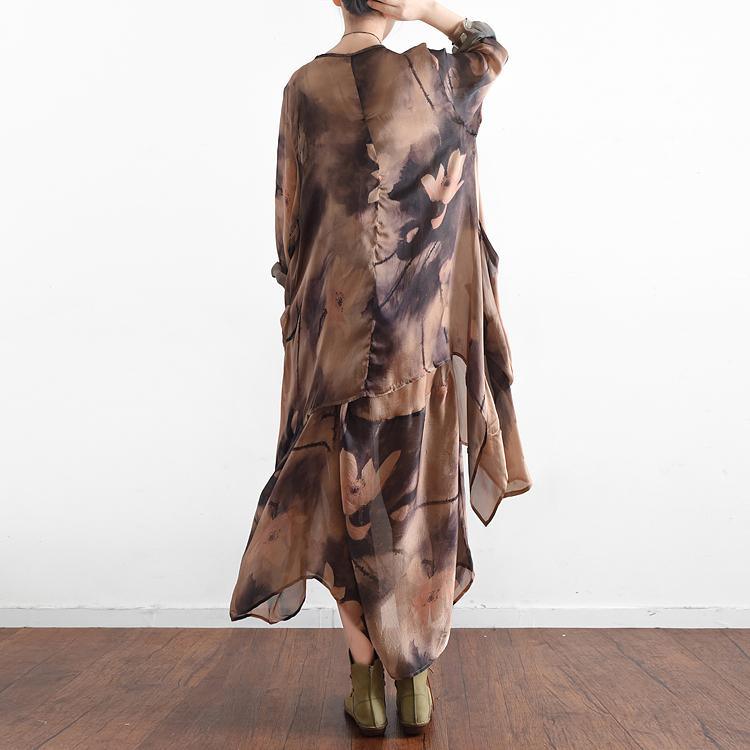 2017 summer khaki cotton dresses chiffon print maxi dress plus size asymmetric long sleeve two pieces - Omychic