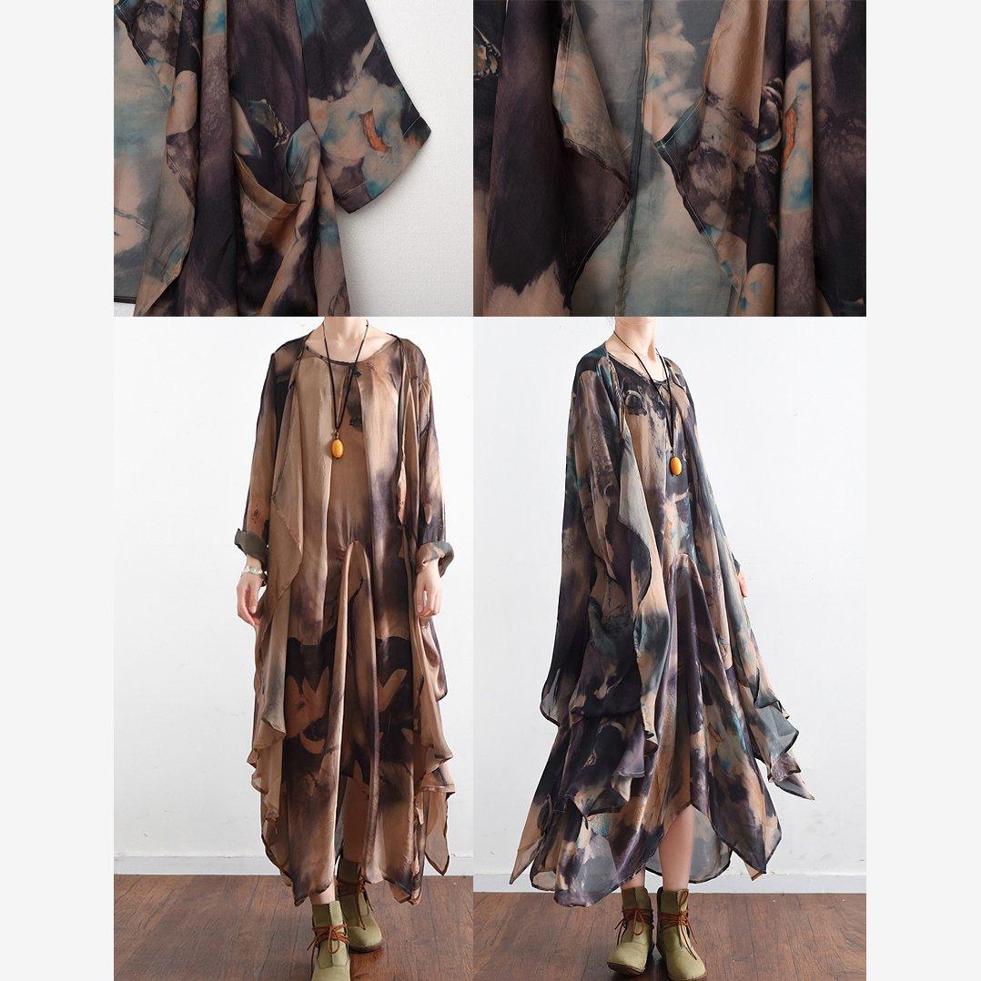 2017 summer khaki cotton dresses chiffon print maxi dress plus size asymmetric long sleeve two pieces - Omychic