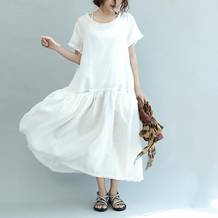 2017 summer linen dresses white casual oversize sundress short sleeve maxi dress - Omychic
