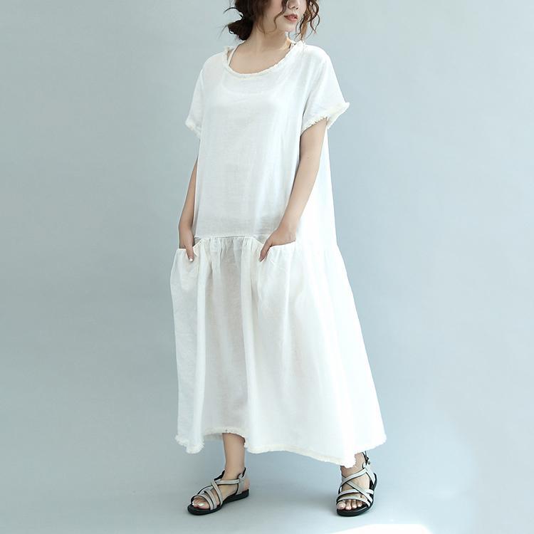2017 summer linen dresses white casual oversize sundress short sleeve maxi dress - Omychic