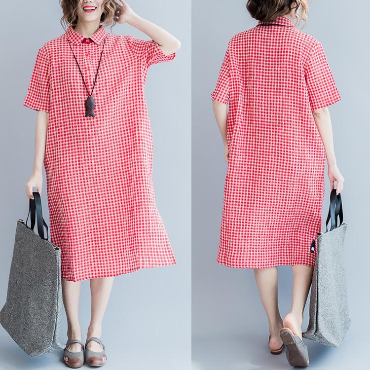 2017 summer pink grid shirt dresses plus size linen dress oversize summer linen clothing - Omychic