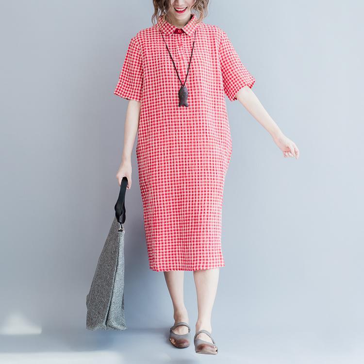 2017 summer pink grid shirt dresses plus size linen dress oversize summer linen clothing - Omychic