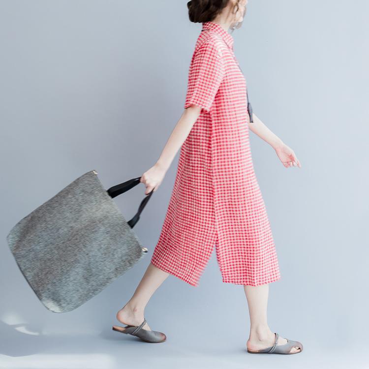 2017 summer pink grid shirt dresses plus size linen dress oversize summer linen clothing - Omychic