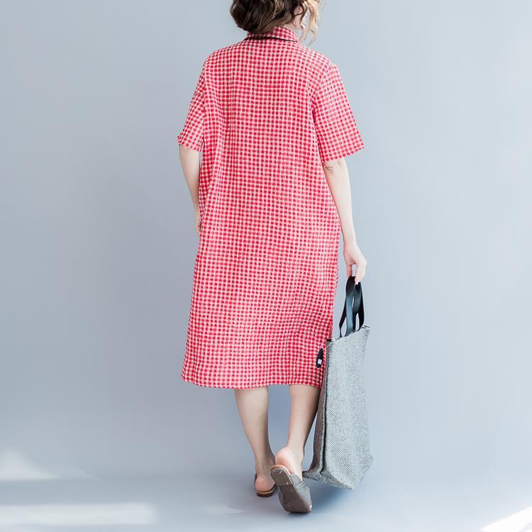 2017 summer pink grid shirt dresses plus size linen dress oversize summer linen clothing - Omychic