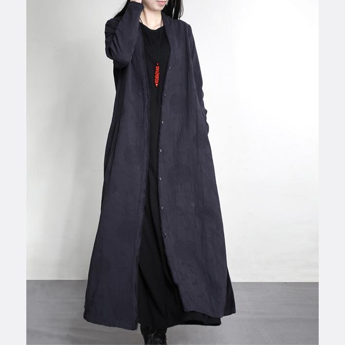 2017 thick navy jacquard linen outwear plus size solid elegant long trench coats side open - Omychic