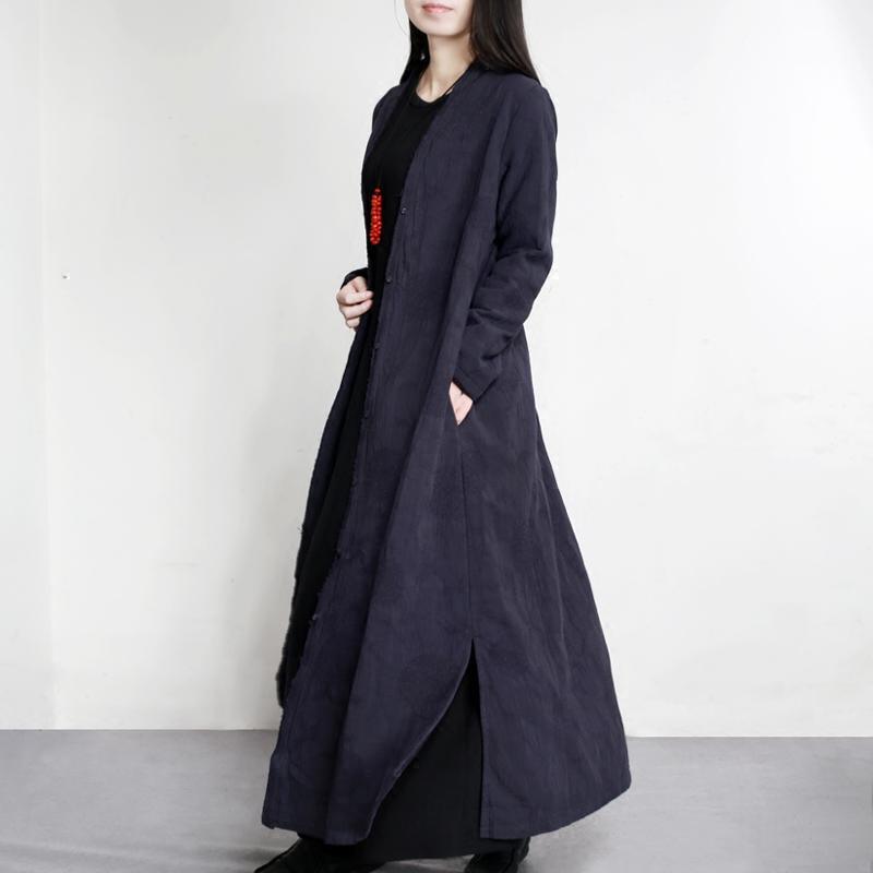 2017 thick navy jacquard linen outwear plus size solid elegant long trench coats side open - Omychic