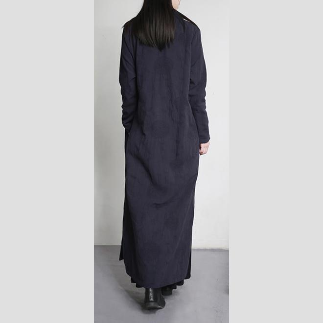 2017 thick navy jacquard linen outwear plus size solid elegant long trench coats side open - Omychic