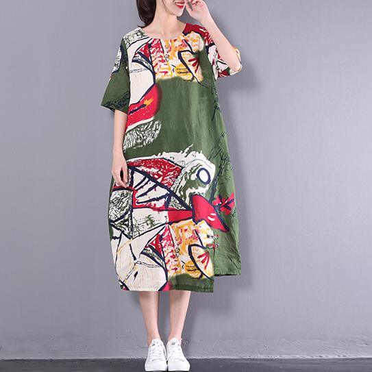 2021 Unique Green O Neck Summer Dresses Fine Cotton Maxi Dress Plus Size Clothes - Omychic