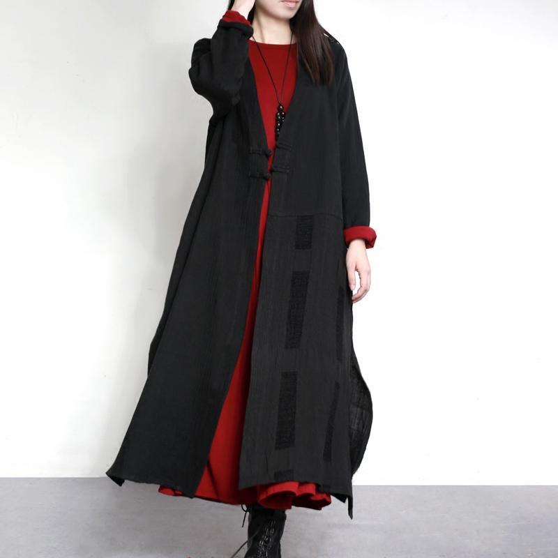 2017 vintage black casual linen coat oversize winter cozy Chinese Button maxi trench coats - Omychic