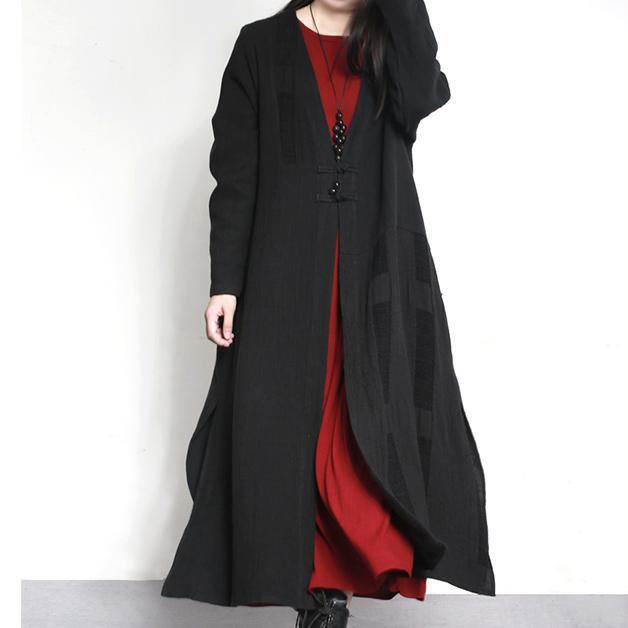 2017 vintage black casual linen coat oversize winter cozy Chinese Button maxi trench coats - Omychic