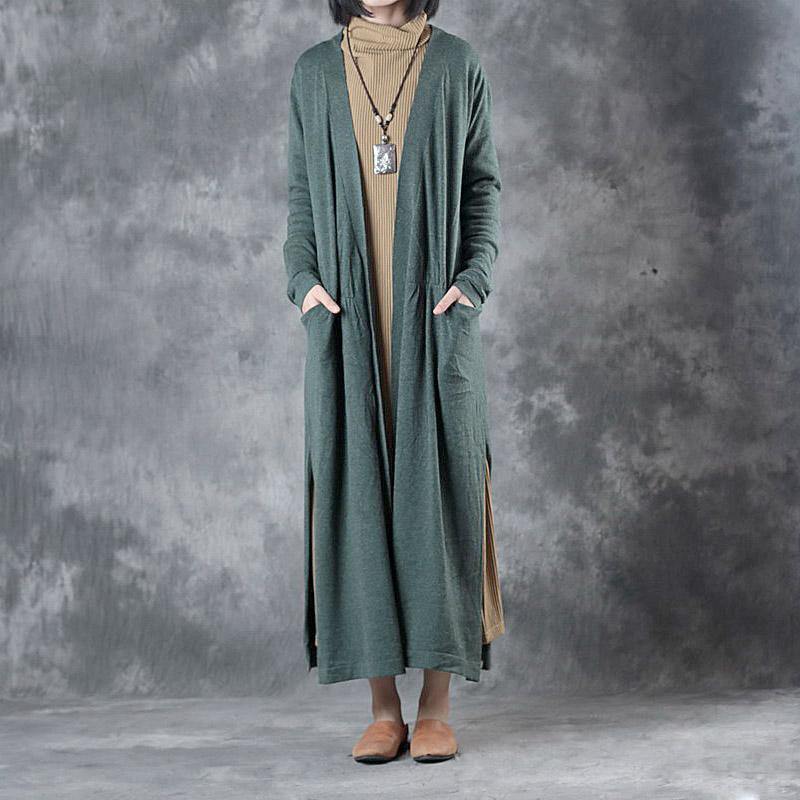 2017 vintage gray green wrinkled sweater coats oversize women V neck cardigan side open - Omychic