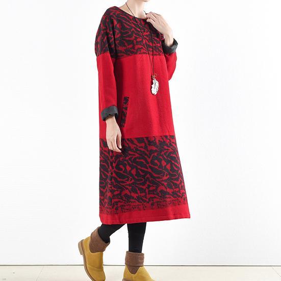 2017 vintage patchwork red woolen dresses plus size casual warm thick knit maxi dress - Omychic