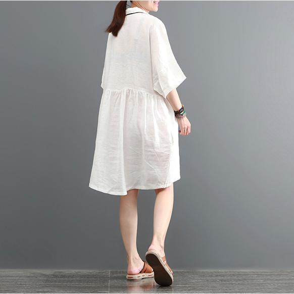 2017 white cartoon print linen dress oversize casual sundress turn-down collar women dress - Omychic