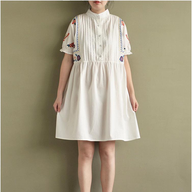 2017 white embroidery wrinkled cotton sundress oversize casual dresses short sleeve mid dress - Omychic