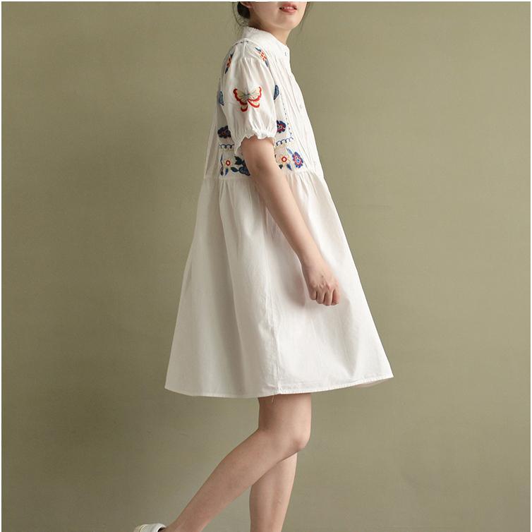 2017 white embroidery wrinkled cotton sundress oversize casual dresses short sleeve mid dress - Omychic