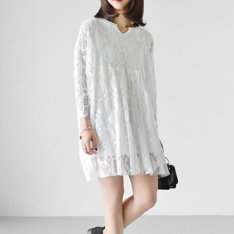 2017 white lace dresses loose casual oversize lace spring dress long sleeve blouses - Omychic