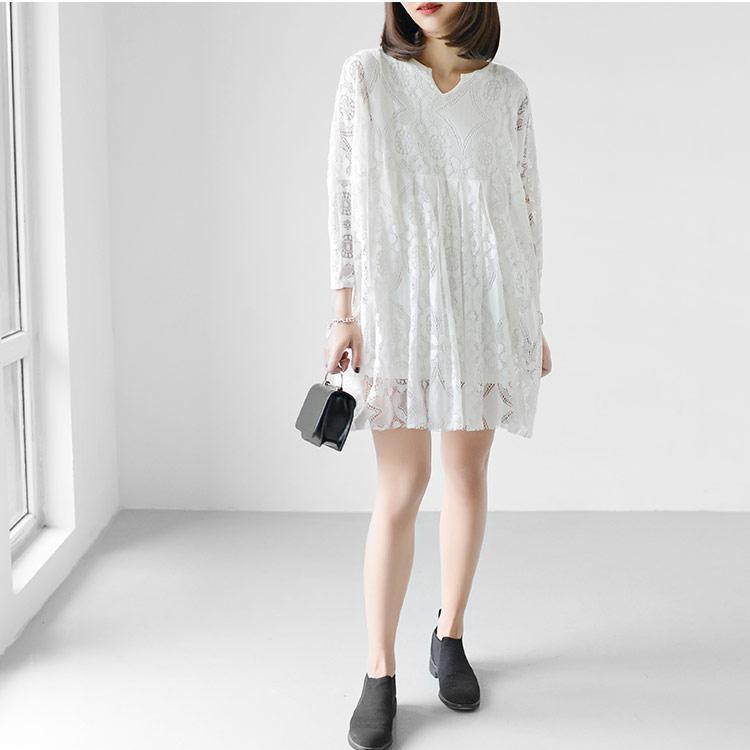 2017 white lace dresses loose casual oversize lace spring dress long sleeve blouses - Omychic