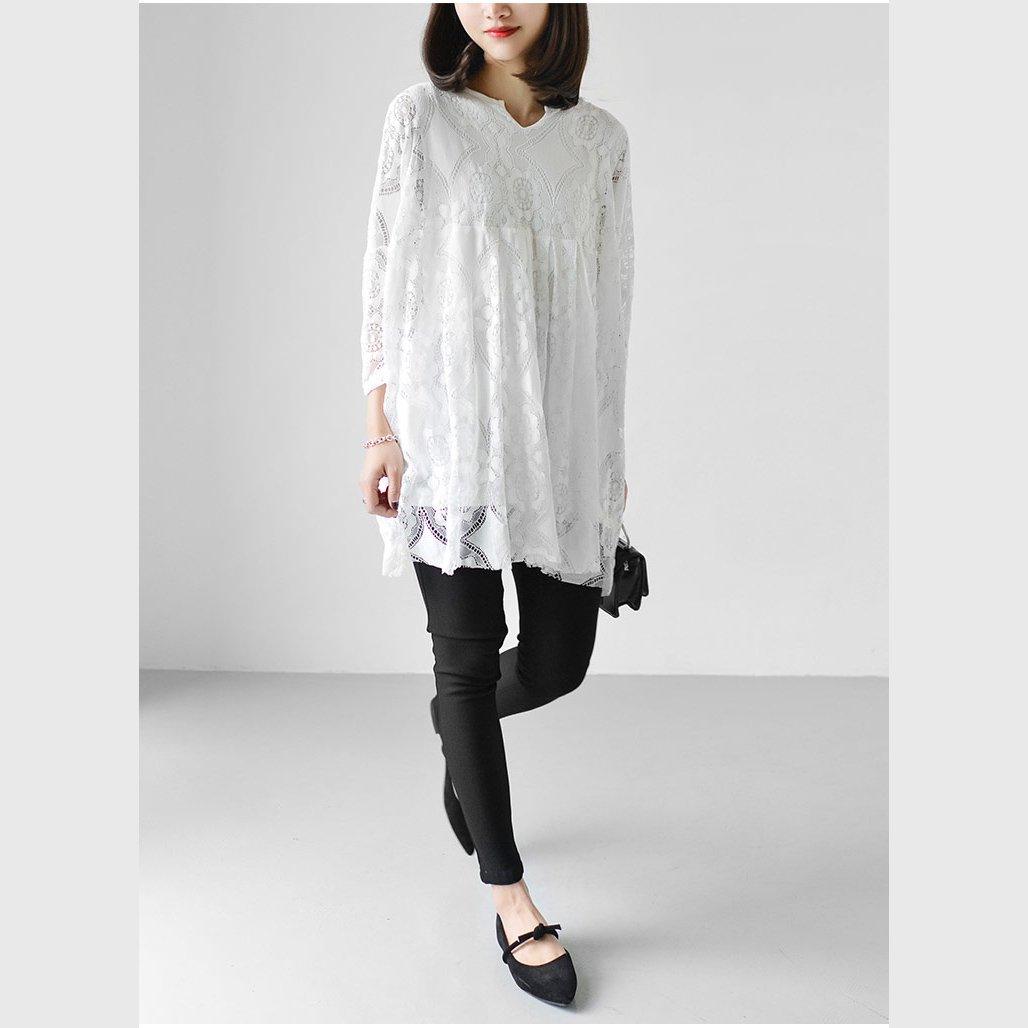 2017 white lace dresses loose casual oversize lace spring dress long sleeve blouses - Omychic