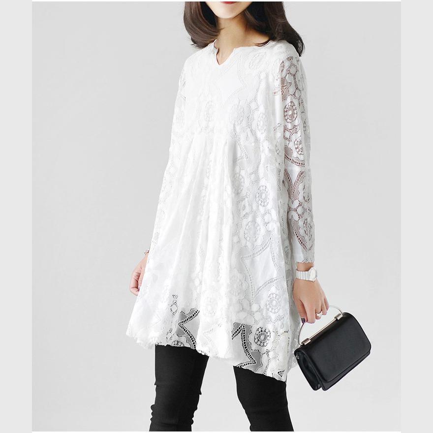 2017 white lace dresses loose casual oversize lace spring dress long sleeve blouses - Omychic