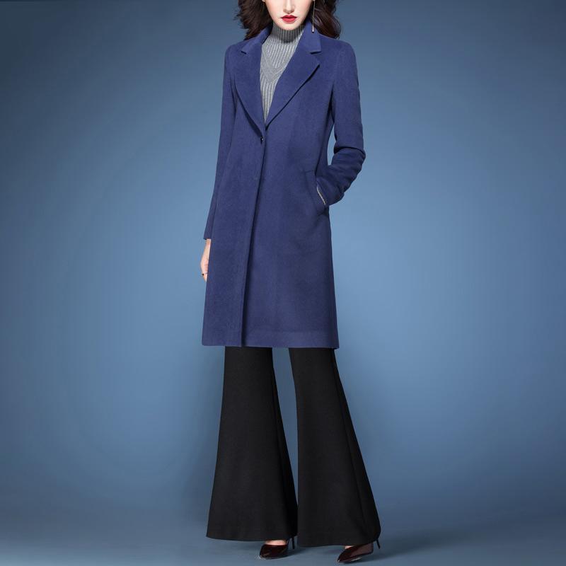 2017 winter blue warm slim fit woolen coats solid color long sleeve outwear - Omychic