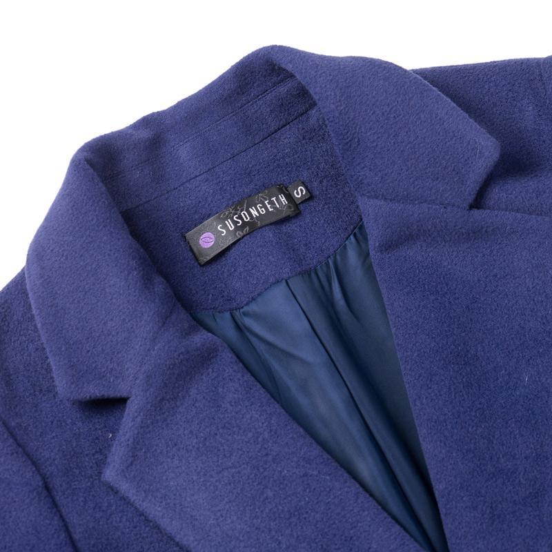 2017 winter blue warm slim fit woolen coats solid color long sleeve outwear - Omychic