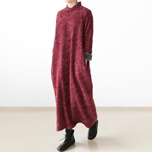 2017 winter burgundy prints linen dress plus size warm autumn out fits casual maxi dress - Omychic