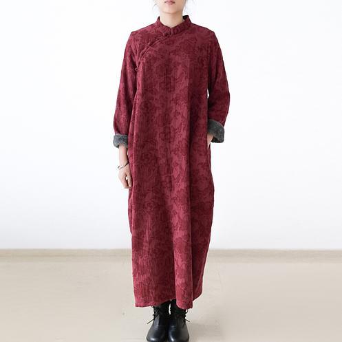 2017 winter burgundy prints linen dress plus size warm autumn out fits casual maxi dress - Omychic