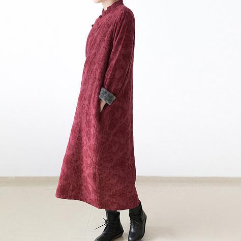 2017 winter burgundy prints linen dress plus size warm autumn out fits casual maxi dress - Omychic